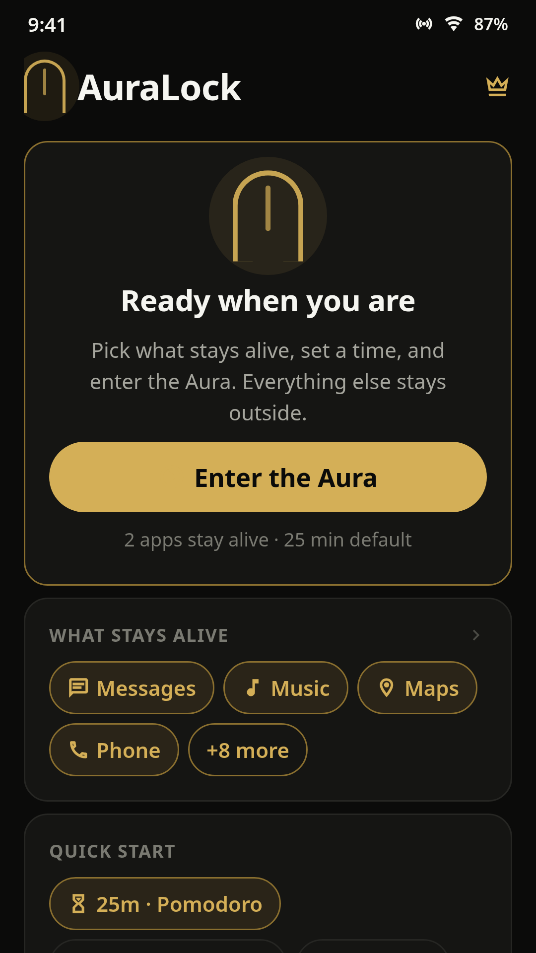 AuraLock होम स्क्रीन जिसमें शुरू करने योग्य Aura और चुने हुए 4 ऐप दिख रहे हैं